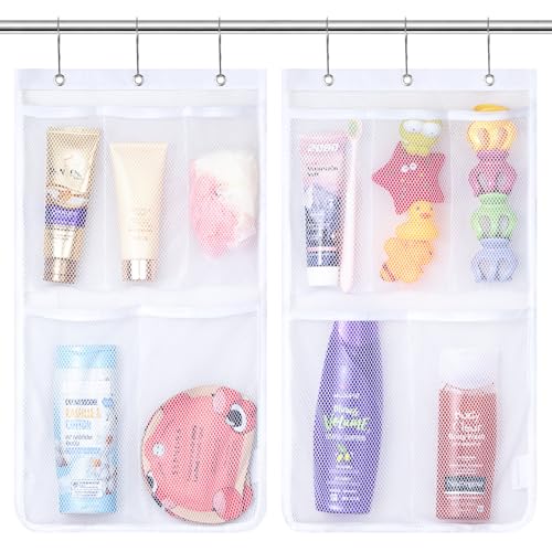 Lifewit Mesh Shower Caddy, 5 Pockets Hanging Shower Organizer with Quick Drying Mesh, Portable Space Saving Bathroom Organizer to Hold Soap, Shampoo and Cruise Ship Essentials, White, 2 Pack - size: 12" × 20"