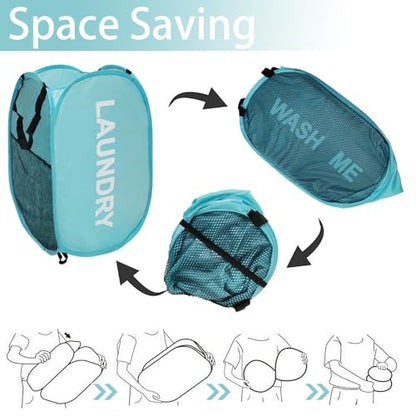 Collapsible Laundry Hamper 2 pack Mesh Pop Up Laundry Hamper with Handles, Foldable Laundry Basket for Bedroom, College Dorm, RV, Travel (Pink + Sky Blue) - color: Pink + Sky Blue