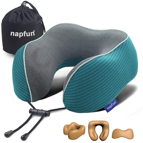 napfun Neck Pillow for Traveling, Upgraded Travel Neck Pillow for Airplane 100% Pure Memory Foam Travel Pillow for Flight Headrest Sleep, Portable Plane Accessories, Teal - color: Teal