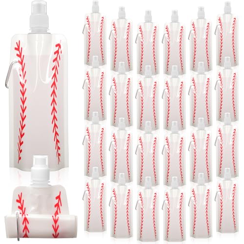 LemonRoad 24 Pack Baseball Collapsible Water Bottles Bulk 16 oz Baseball Foldable Water Bottles with Carabiner Reusable Drinking Leak Proof Container Bags for Sports Party Biking Hiking Travel Outdoor