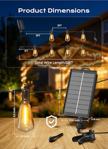 Brightown 52FT Solar String Lights Outdoor Waterproof, Patio Lights with Remote & Timer, USB/Solar Powered Dimmable Outdoor Lights, 15+1 LED Bulbs for Backyard Garden Camping Party - 26Hrs Runtime - size: 52FT(15 Sockets)