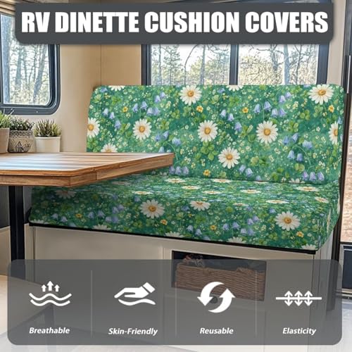 Daisy Floral Green Grass Print RV Dinette Cushion Covers Camper Sofa Cushion Cover Stretchable RV Dinette Seat Covers 2Pcs with Backrest & Bench Cover 2Sets - color: Daisy Floral Green Grass