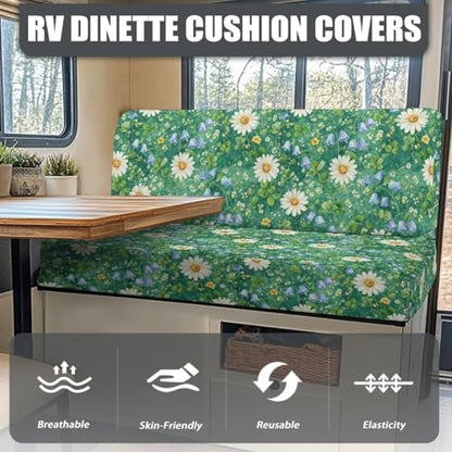 Daisy Floral Green Grass Print RV Dinette Cushion Covers Camper Sofa Cushion Cover Stretchable RV Dinette Seat Covers 2Pcs with Backrest & Bench Cover 2Sets - color: Daisy Floral Green Grass