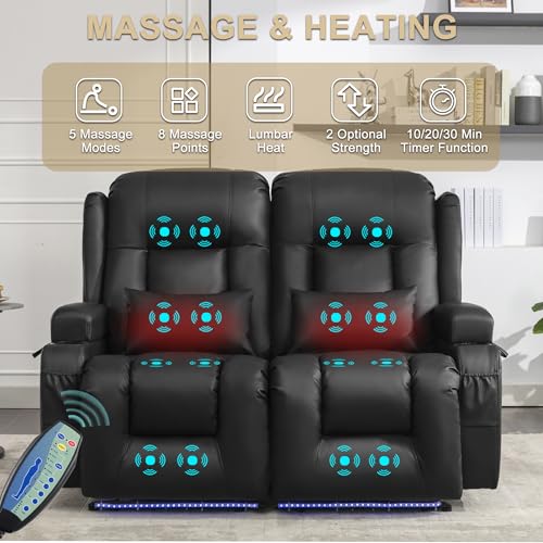 URRED Power Loveseat Recliner Sofa with Massage and Heat, Wall Hugger Reclining Loveseat, RV Couch Home Theater Seating with LED Lights for Living Room (Black, 54" - 2 Seats) - color: Black, size: 54" - 2 Seats