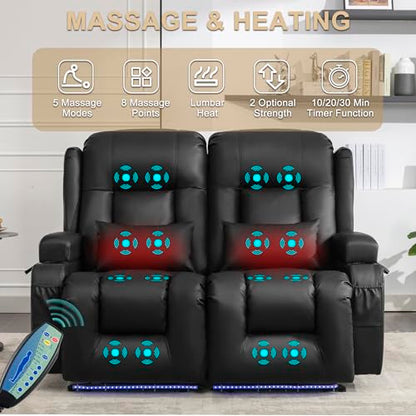 URRED Power Loveseat Recliner Sofa with Massage and Heat, Wall Hugger Reclining Loveseat, RV Couch Home Theater Seating with LED Lights for Living Room (Black, 54" - 2 Seats) - color: Black, size: 54" - 2 Seats