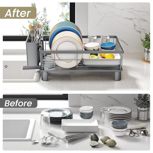 SNTD Dish Drying Rack - Small Dish Rack for Kitchen Counter, Stainless Steel Dish Drainer with Utensil Holder and Drainboard, 11" W x 15" L (Grey) - color: Gray, size: 11" W x 15" L