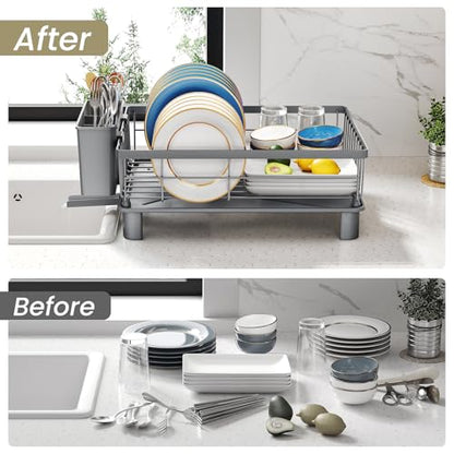 SNTD Dish Drying Rack - Small Dish Rack for Kitchen Counter, Stainless Steel Dish Drainer with Utensil Holder and Drainboard, 11" W x 15" L (Grey) - color: Gray, size: 11" W x 15" L