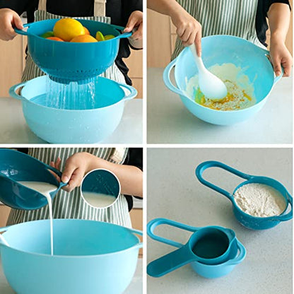 Mixing Bowls-Plastic Nesting Mixing Bowl Set of 8, Kitchen Gadgets for Apartments Space Saving, Including Measuring Cups Sifter Colander, Easy Storage Cooking Baking, Rv Camper Accessories, No BPA - color: Blue Cyan