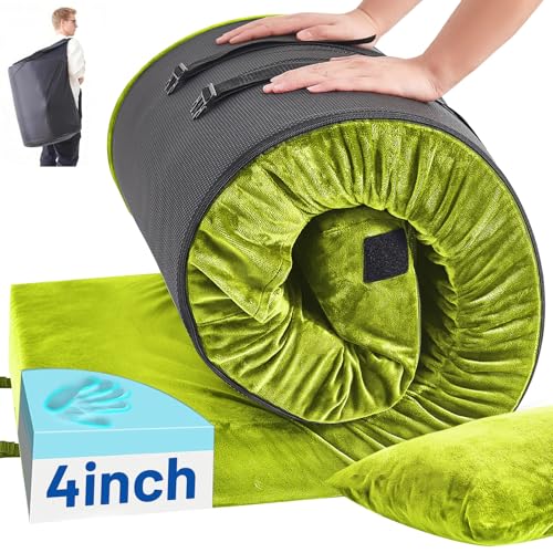 Memory Foam Camping Mattress Pad with Pillow - Extra Thick 4 Inch Sleeping Pad for Camping, Waterproof Roll Up Cot Mattress Topper Bed Mat for Car Truck Tent RV, with Storage Bag - color: Avocado Green, size: Single: 75*30*4"