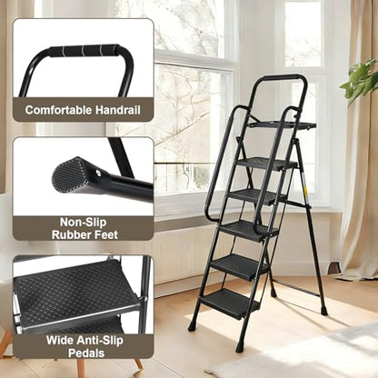 Valeo 5 Step Ladder with Handrails,500 Lbs Capacity,Folding Step Stool Ladder with Tool Platform,Wide Anti-Slip Pedal,Step Ladder 5 Step Folding,Multi-use for Home,Kitchen,Office,Black - style: 5 Step Ladder with Handrails