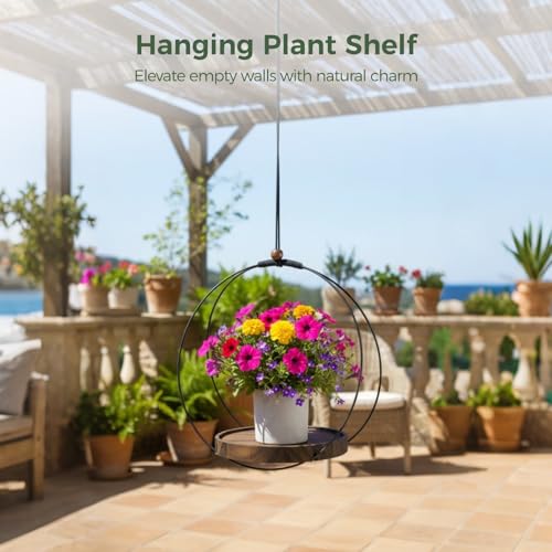 3 Pcs Hanging Plant Shelf, Round Wood Base with Black Metal Frame, Plant Holder with Adjustable Rope for Living Room, Balcony, Bedroom, Indoor Plant Display