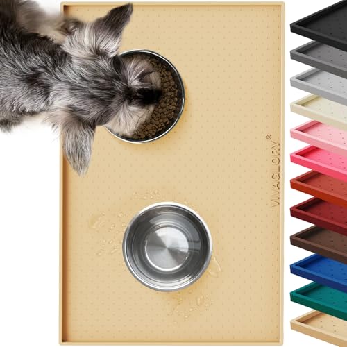 VIVAGLORY Pet Food Mat Grippymat Dog Bowl Mat, 24" L x 16" W, Beige Yellow | Placemat with Raised Edge for Indoor, Waterproof Silicone for Cat Kitty & Puppy - color: Beige Yellow, size: 24"L x 16"W