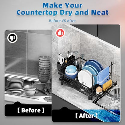 Dish Drying Rack, Stainless Steel-Dish Rack, Dish Racks for Kitchen Counter, Kitchen Dish Drainers with Removable Utensil Holder,New drain outlet,Plate Rack and Drainboard,(Black2 with Sponge Rack ) - color: Black 2
