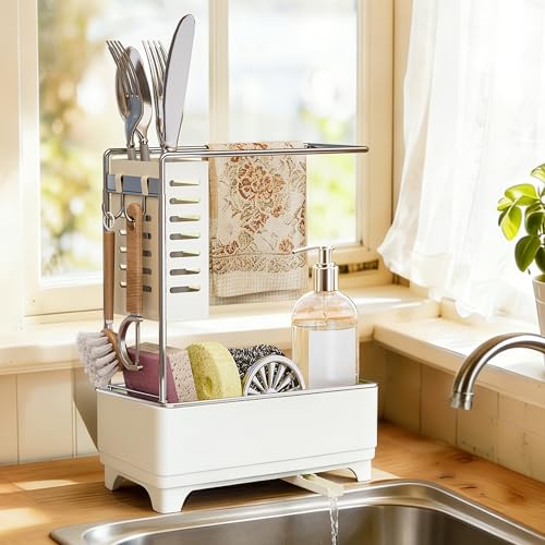 MOUKABAL Sponge Holder for Kitchen Sink, 2-Tier Sink Caddy Organizer with Drain Holes and Hooks, Holds Dishcloth, Sponge & Brushes, Kitchen Countertop Storage for New Home Essentials Off-white - color: Off-White 2