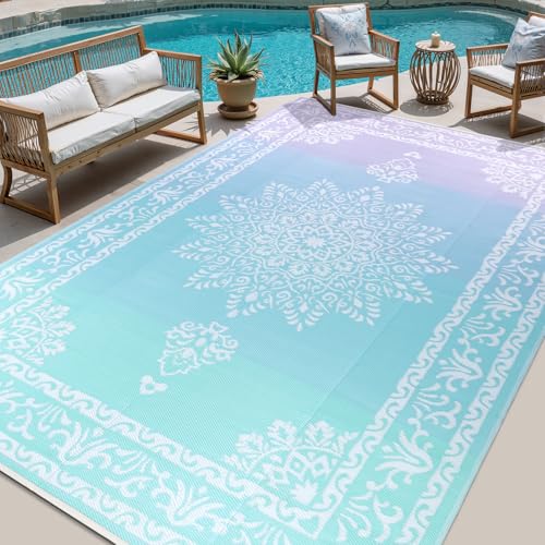 Yamaziot Outdoor Rug 8x10 Ft, Waterproof Plastic Straw Patio Rug, Reversible Backyard Carpet Portable RV Mat Clearance, Large Indoor Outdoor Rug for Patio, Porch, Deck, Balcony, Blue-Purple - color: Gradient Blue-purple, size: 8' x 10'