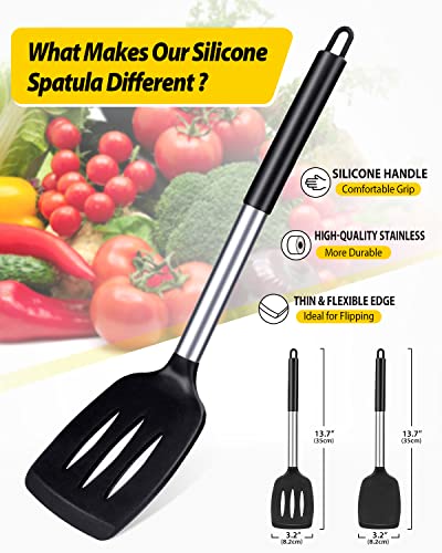 Pack of 2 Silicone Solid Turner, Non Stick Slotted Kitchen Spatulas, High Heat Resistant BPA Free Cooking Utensils, Ideal Cookware for Fish, Eggs, Pancakes(Black) - color: Black
