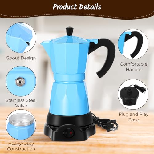 Coffee Pot 6 Cup Electric Espresso Coffee Maker Italian Moka Maker 300ml Portable Aluminum Espresso Machine Cafetera Moka Pot with Detachable Base, Gift for Home Travel(Blue) - color: Blue