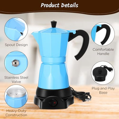 Coffee Pot 6 Cup Electric Espresso Coffee Maker Italian Moka Maker 300ml Portable Aluminum Espresso Machine Cafetera Moka Pot with Detachable Base, Gift for Home Travel(Blue) - color: Blue