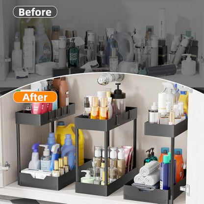 Simple Trending Under Sink Organizer 3 Pack, Sink Pull-Out Sliding Storage Cabinet, 2-Tier Under Shelf Organizer for Kitchen Bathroom, Black - size: 3 pack