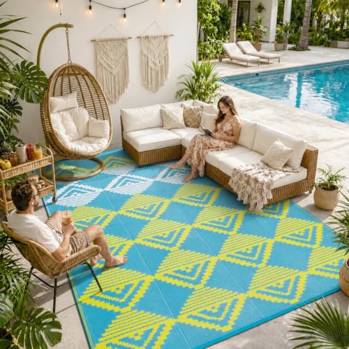 Lahome Waterproof Outdoor Patio Rug 9x12, Reversible Large Outdoor Area Rug for Patios, Camping Rugs for Beach RV Backyard Deck Picnic Trailer (Blue/Yellow, 9' x 12') - color: Blue/Yellow/Checkered, size: 9'x12'