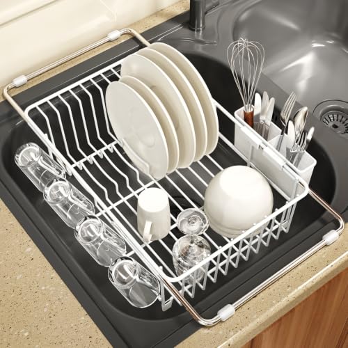 MAJALiS White Dish Drying Rack Over The Sink with Utensil Holder | Expandable Stainless Steel Dish Drainer for Small Kitchen, Apartment, RV, Counter Space Saving, Perfect Fit, Rustproof - color: White, size: For 11.5"-16" W Sink with Cup Holder