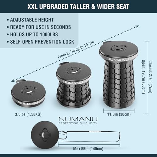 NUMANU 2026 Upgraded XXL Collapsible Stool & 3IN1 Cushioned Carry Bag, 2.7"-19.7" Height Adjustable, Max 1,000lbs Portable Retractable Telescoping Seat, Foldable Camping Stool for Adults (XXL Round) - size: XXL Round (Stool & 3IN1 Carry Bag)