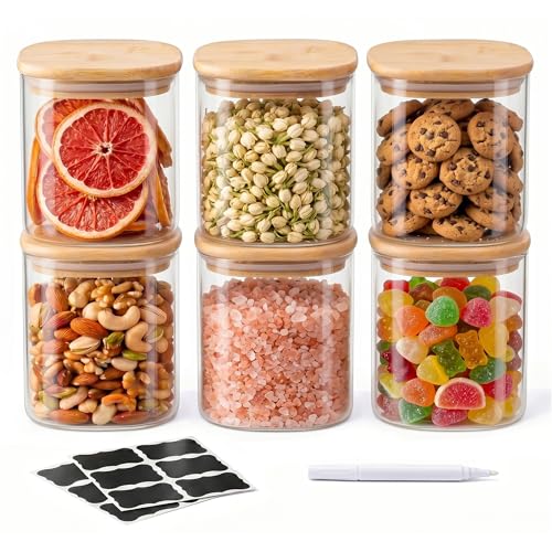 SENTVEND 24 Oz Glass Storage Jars with Bamboo Lids - 6 Pack Clear Glass Canisters Square Airtight Stackable Ideal for Pantry Storage Containers Organizers Great for Storing Oats Coffee Beans Nuts etc - color: 24 OZ-Clear