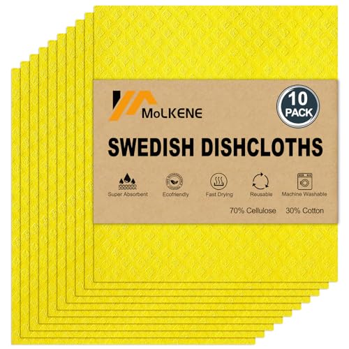 MoLKENE Swedish Dishcloths for Kitchen | 10 Pack Absorbent Cellulose Sponge Cloths Washable | Non-Scratch Reusable Paper Towels Quick Drying Cleaning Rag - Yellow - color: 10 Pack Yellow, size: 10 Pack