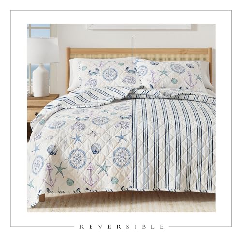 Great Bay Home Coastal Quilt Set - 2-Piece Twin/Twin XL Size Blue Nautical Bedding Set - Lightweight, All-Season, Reversible Bedspread (Nautical Motif) - color: Nautical Motif, size: Twin / Twin XL