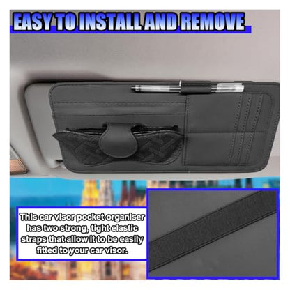 Car Sun Visor Organizer, Vehicle Sunglasses Holder, Automotive Storage Pocket for Pen, Glasses, Ticket, Card, Auto Interior Accessories Pocket for Car, SUV, Truck (Black)