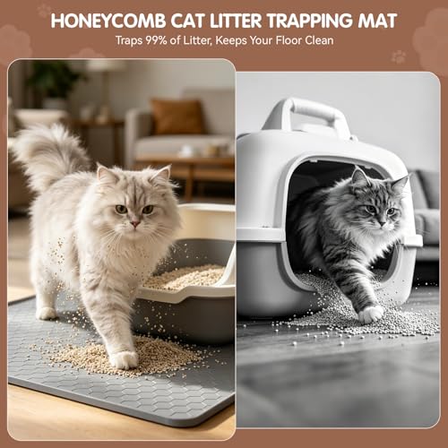 Silicone Cat Litter Mat, 34"x22" Large Waterproof Litter Box Mat with Honeycomb Wave Pattern, Non-Slip Easy Clean Litter Trapping Mat for Cat Litter Box Area Floor Protection (Gray)