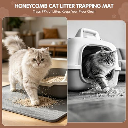 Silicone Cat Litter Mat, 34"x22" Large Waterproof Litter Box Mat with Honeycomb Wave Pattern, Non-Slip Easy Clean Litter Trapping Mat for Cat Litter Box Area Floor Protection (Gray)