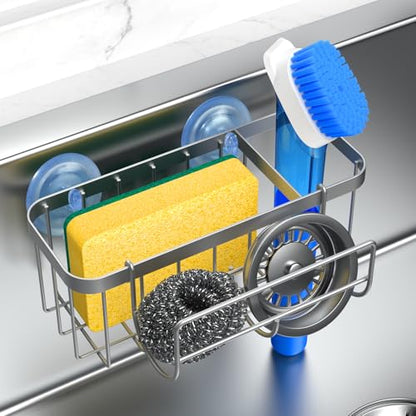 3-in-1 Kitchen Sink Caddy Organizer with Sponge Holder, Brush Holder, Extra Rack for Scrubber, Sink Stopper, Dish Cloth Hanger - Strong Dual Suction Cup, 2.0mm SUS304 Stainless Steel - Silver - color: Silver