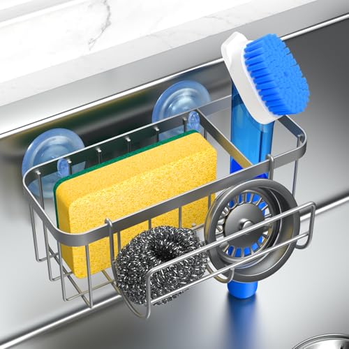 3-in-1 Kitchen Sink Caddy Organizer with Sponge Holder, Brush Holder, Extra Rack for Scrubber, Sink Stopper, Dish Cloth Hanger - Strong Dual Suction Cup, 2.0mm SUS304 Stainless Steel - Silver - color: Silver