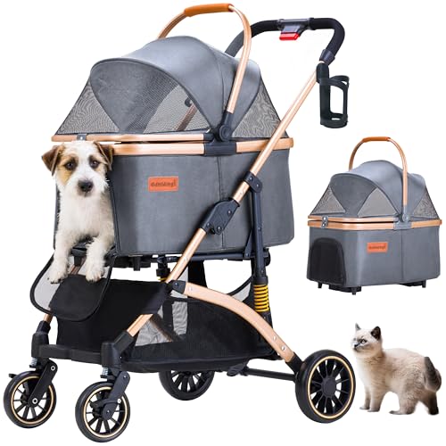 Dog Stroller for Small Dogs, Lightweight Pet Stroller for 2 Cats Dogs with 6 Shock Absorption System, Detachable Carrier Suitable for Car Seat & Hand Carry, Safe Outings, Gray - color: Gray