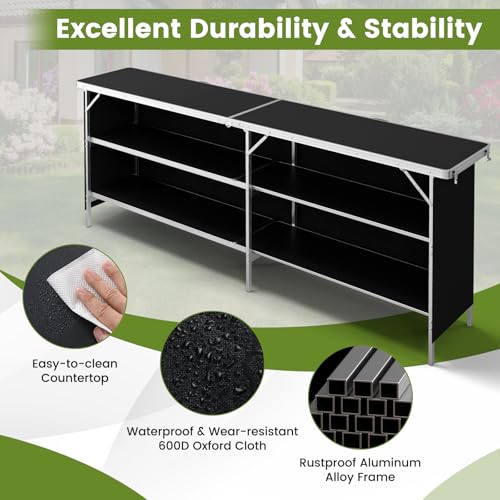 COSTWAY 81" Folding Picnic Table, Portable Bar Table with Carry Bag, Lightweight Aluminum Food Prep Station with 2 Shelves, Quick Set-up, BBQ, Party, Backyard, Black - color: Black, size: 81"W x 32.5"H