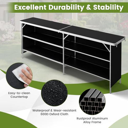 COSTWAY 81" Folding Picnic Table, Portable Bar Table with Carry Bag, Lightweight Aluminum Food Prep Station with 2 Shelves, Quick Set-up, BBQ, Party, Backyard, Black - color: Black, size: 81"W x 32.5"H