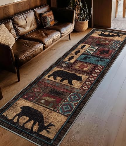 Rustic Cabin Runner Rug 2x8 Indoor Door Mat - Bear Non-Slip Entryway Runner Rug, Low Pile Tribal Print for Kitchen, Bedroom - color: Brown, size: 2'x8' (Runner)