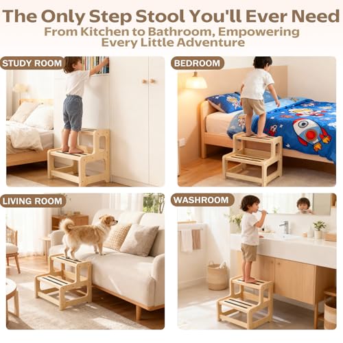 Toddler Step Stool, Step Stool for Kids, Toddler Stool for Bathroom Sink & Potty Training, Wooden Step Stools w Non Slip Base for Kitchen, Bedroom - color: Light Brown