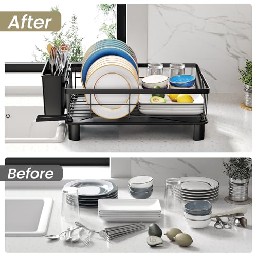 SNTD Dish Drying Rack - Space-Saving Dish Rack for Kitchen Counter, Stainless Steel Dish Drainer with Utensil Holder and Drainboard, 11" W x 15" L (Black) - color: Black, size: 11" W x 15" L