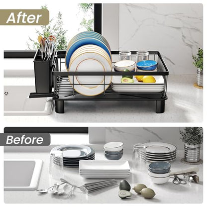 SNTD Dish Drying Rack - Space-Saving Dish Rack for Kitchen Counter, Stainless Steel Dish Drainer with Utensil Holder and Drainboard, 11" W x 15" L (Black) - color: Black, size: 11" W x 15" L