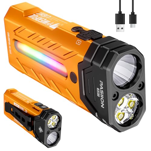 EDC Rechargeable Flashlight 3250 Lumens with RGB Light,55 Modes Multifunctional Flat Flashlight with Floodlight,Spotlight and Magnetic Base,Waterproof USB C Flashlight for Camping,Home,Emergencies - size: Orange