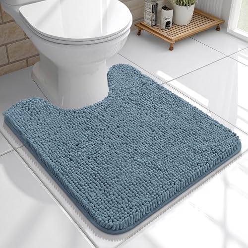 OLANLY Toilet Rugs U-Shaped 20x20, Extra Soft Absorbent Chenille Contour Bathroom Rugs for Toilet, Dry Quickly, Machine Washable, Non-Slip Bath Mat, Airy Blue - color: Airy Blue, size: 20" X 20" Contour Rug
