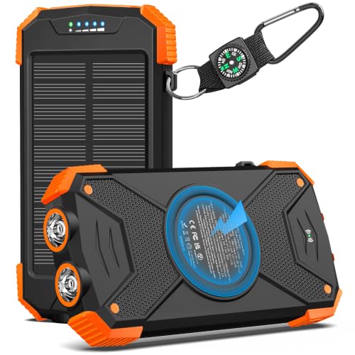 BLAVOR Solar Power Bank 10,000mAh, Portable Wireless Charger, 20W Fast Charging External Battery Pack with USB C for Cell Phones, Solar Panel Charging with Dual Flashlight for Camping - color: Orange