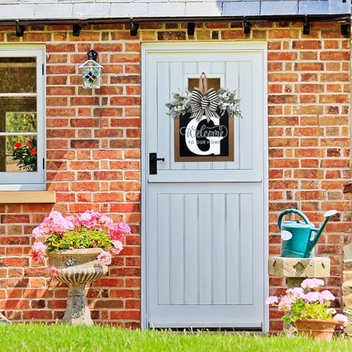 Last Name All Year Round Front Door Wreath with 26 Initial Letter Welcome Sign All Seasons Eucalyptus Garland and Bow ，Farmhouse, Porch, for Spring Summer Fall All Seasons Holiday Halloween Christmas.（G） - color: G