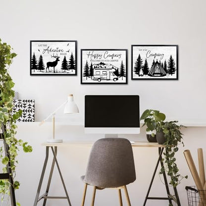 HOMEOART Camping Wall Decor RV Adventure Painting Camper Decor Art Print with Black Frame, Camper Living Room Bathroom Bedroom Decoration,Framed 12x16inchx3Pieces,Black and White