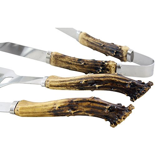Pine Ridge Antler Handle Grilling Set for BBQ Outdoors Style Cooking and Grill, 3 Piece
