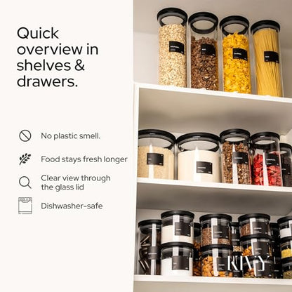KIVY Glass spice jars transparent Glass Lid [6x 12oz] Stackable & Airtight small glass jars - Spice containers - Seasoning jars tea - Spice storage containers - Spice jars with black lids & labels - size: 12oz * 6