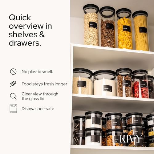 KIVY Airtight Glass Jars with Lids & Labels [4x 17oz] Stackable Glass storage jars with airtight lids - Black Glass Jars with airtight lid - Food Glass canisters with transparent lids - size: 17oz * 4