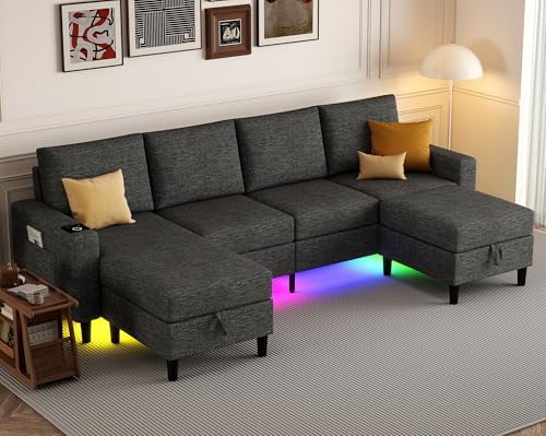 Sectional Couches for Living Room, 4 Seat Sectional Sofa with Smart Module-Wireless Charging/USB/Type-C/RGB Light, U Shaped Couch with Reversible Chaise Lounge/Storage Ottoman (Dark Grey) - color: Dark Grey, size: Durable Linen Blend